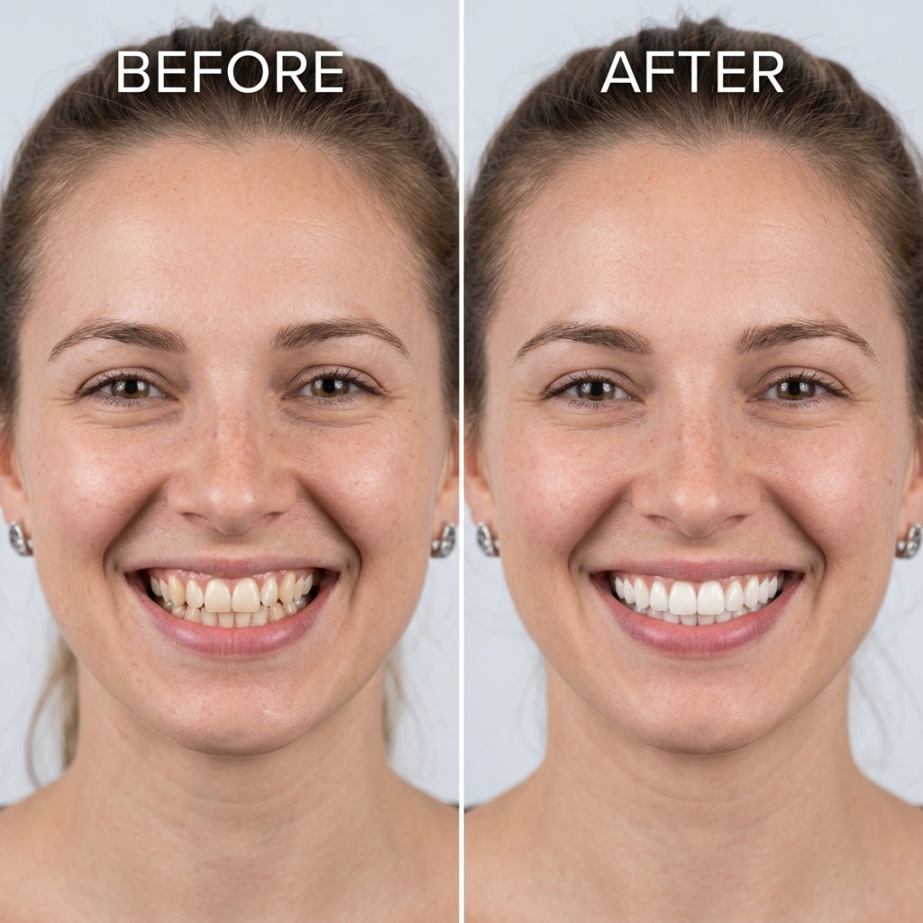 Comparativo de sorriso antes e após tratamento estético