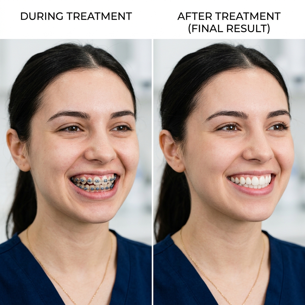 Comparativo de sorriso durante o uso de aparelho e após o tratamento