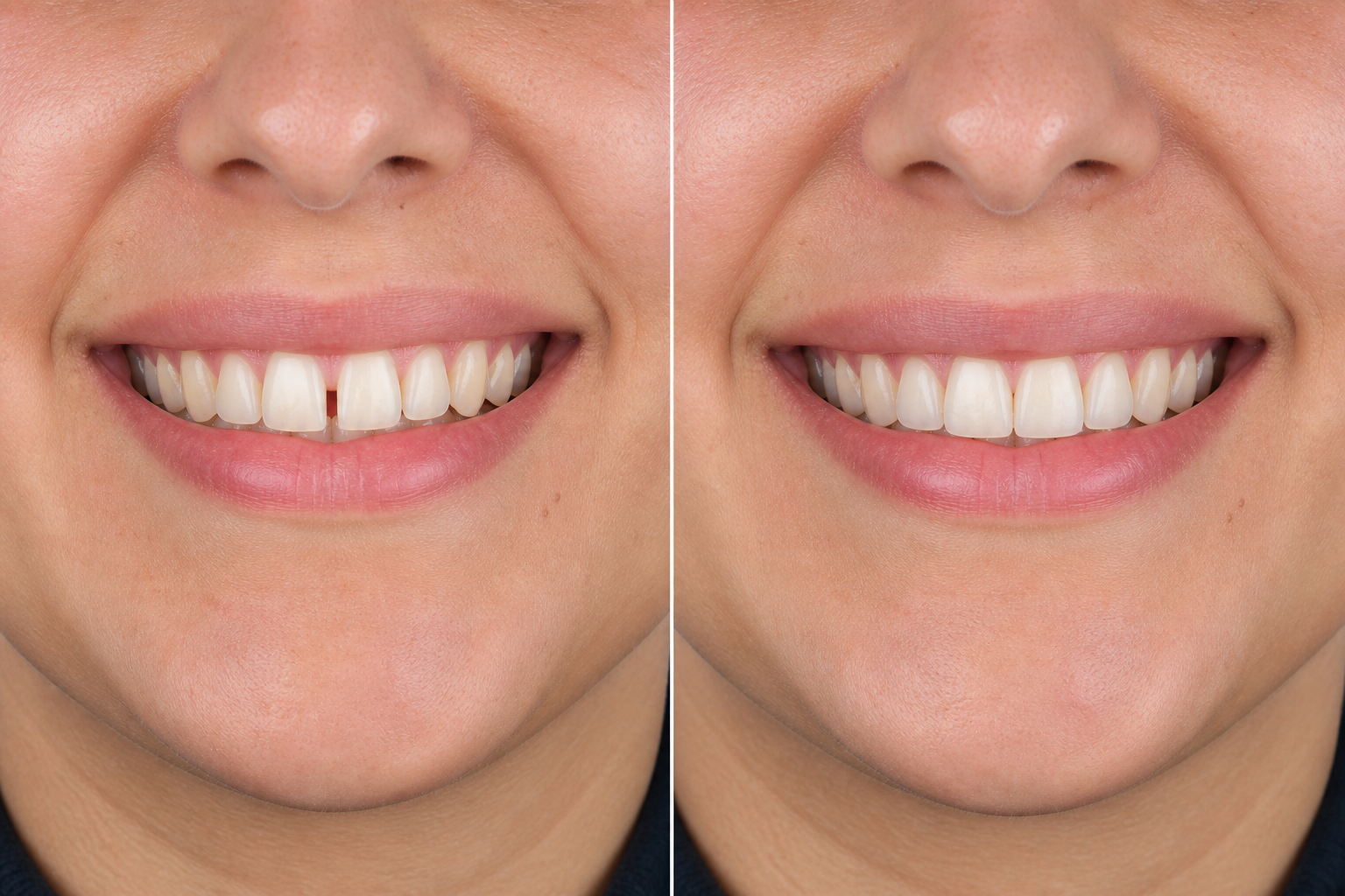 Comparativo ilustrativo antes e depois do fechamento de espaços entre os dentes